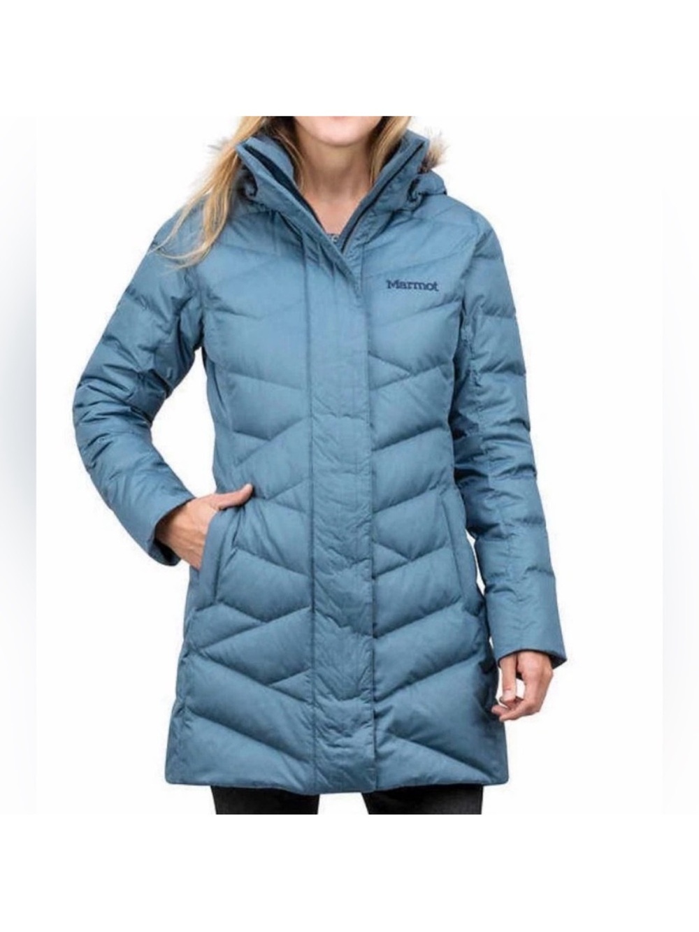 Marmot Womens Blue 700 FillDown Puffer Parka Jacket Size Med Storm Cloud Varm